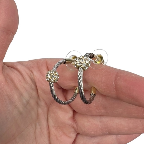 Silver & Gold Tone Twisted Cable Rhinestone Ball Pierced Hoops Earrings - Picture 5 of 8